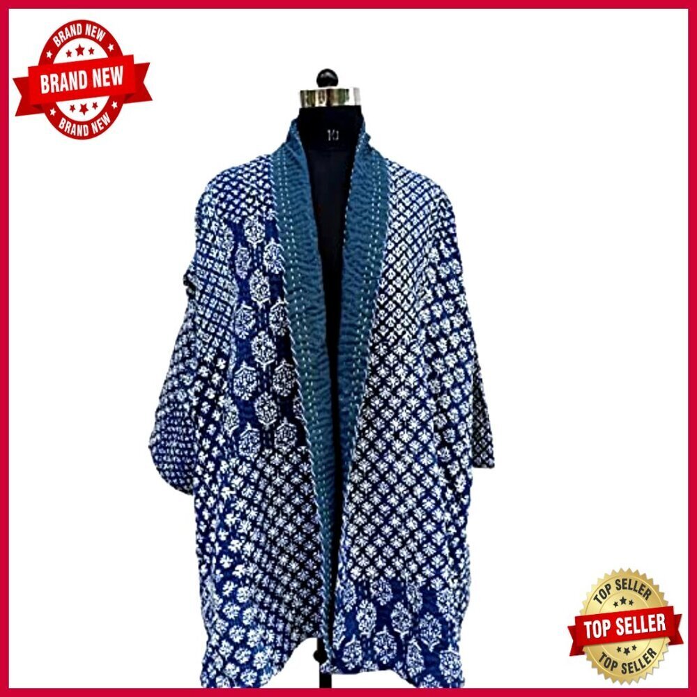 Handmade Indigo Patchwork Kantha Kimono Jacket Quilted Cotton Blazer